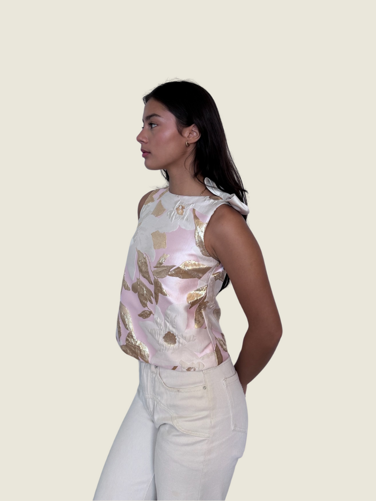 Atelier Carlene Pink Floral Jacquard Bow Top