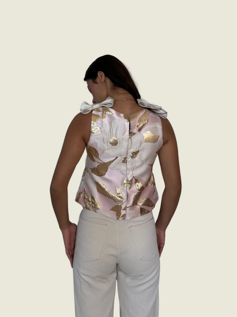 Atelier Carlene Pink Floral Jacquard Bow Top