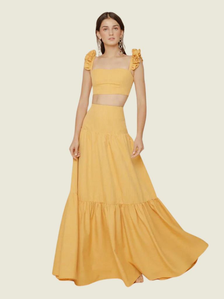 Zoo the Label Guada Dress Crop Ruffle Top and High Waist Shirred Maxi Skirt