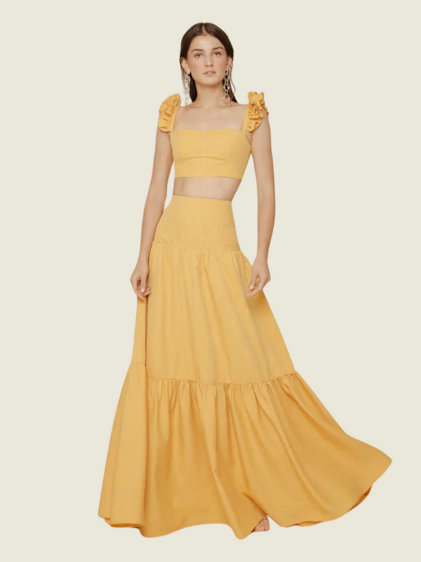 Zoo the Label Guada Dress Crop Ruffle Top and High Waist Shirred Maxi Skirt