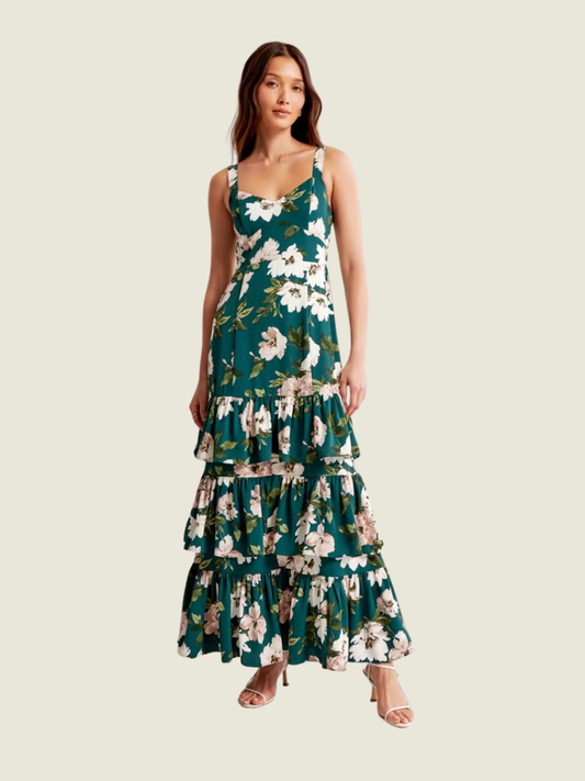 Abercrombie Women's Drama Green Floral Ruffle Tiered Maxi Dress
