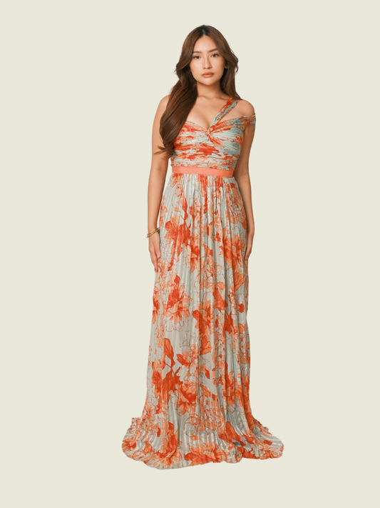 BCBG MAXAZRIA Inga Print Silk Chiffon Gown in Turquoise & Coral
