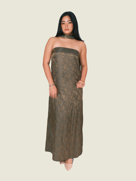 Bespoke Green Paisley Dress With Neck Scarf