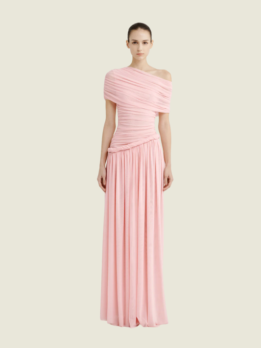 COCOSIN Pink Off-Shoulder Draped Maxi Dress