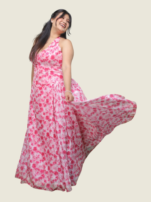 Weddings at Desino Dulce Custom Floral Pink Halter Maxi Dress