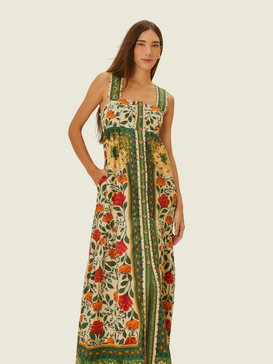 Farm Rio Sand Garden Tapestry Back Bow Maxi Dress
