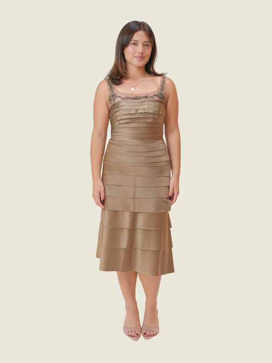 BCBG Maxazria, brown pleated beaded details midi