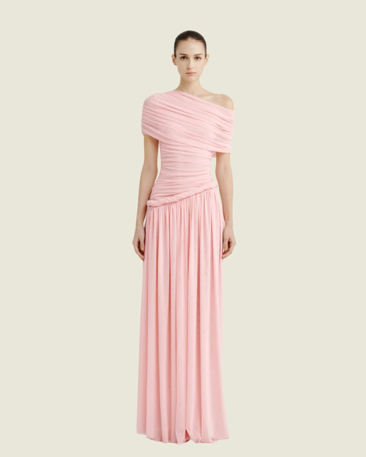 COCOSIN Pink Off-Shoulder Draped Maxi Dress