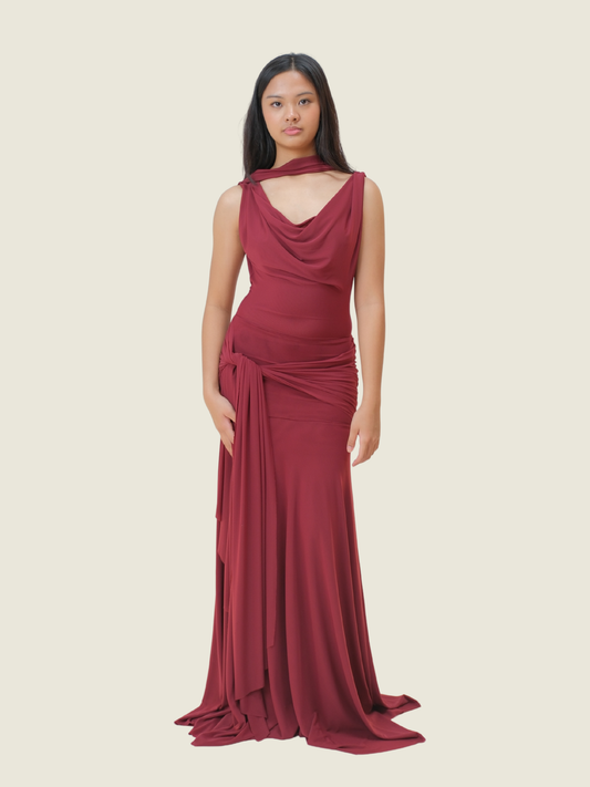 Cocosin Solene Drape Maxi Dress Maroon