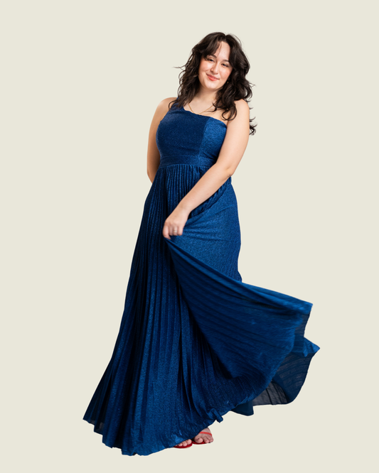Maniju Navy One Shoulder Pleated Gown