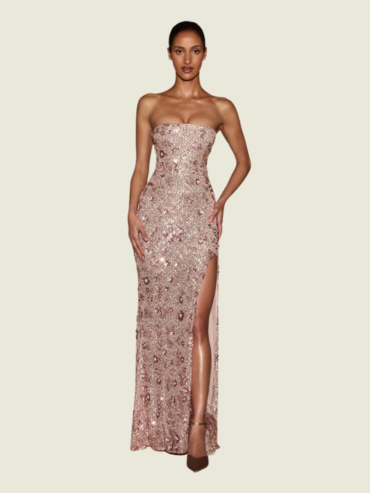 Oh Polly Embellished Bandeau-Neck Strapless Gown