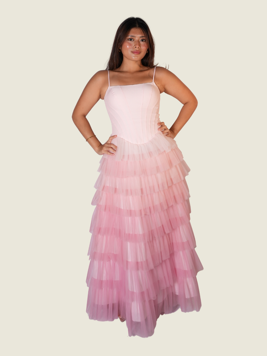 So Vintage Tiered Corset Maxi Dress in Pink (S-M)