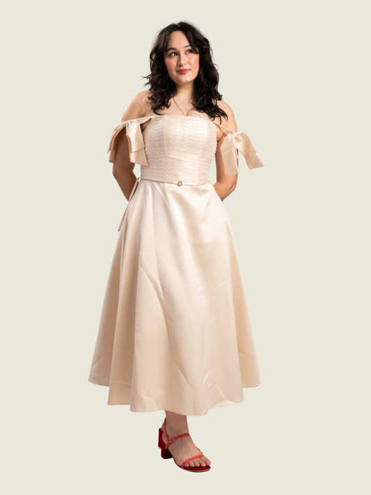 Debbie Co White Custom Beaded A-Line Midi Dress