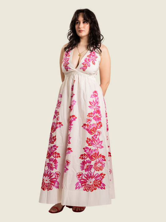 Farm Rio Flowerful Birds Plunge Open-Back Maxi Dress