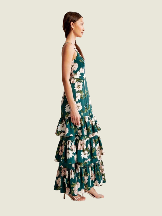 Abercrombie Women's Drama Green Floral Ruffle Tiered Maxi Dress