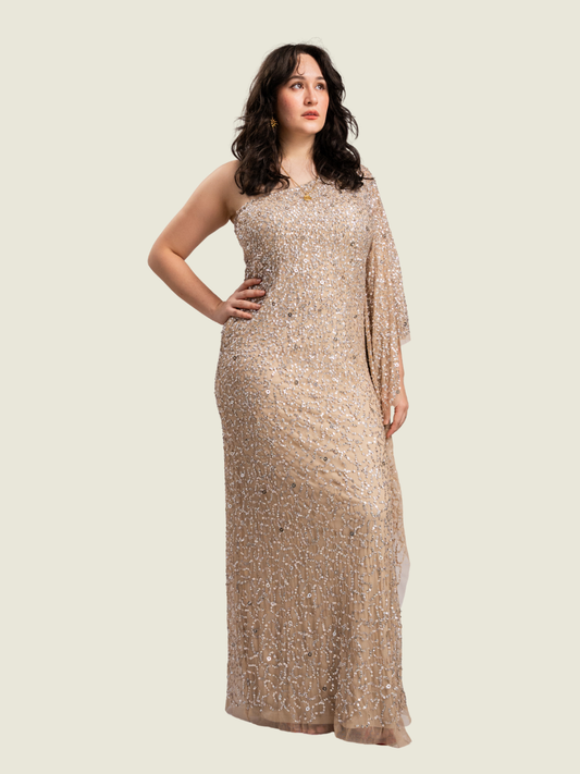 Adrianna Papell Gold Sequin One Shoulder Gown