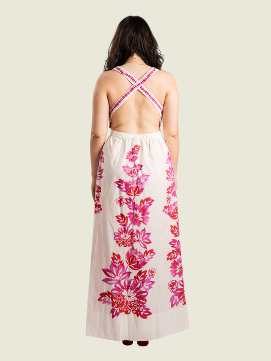 Farm Rio Flowerful Birds Plunge Open-Back Maxi Dress