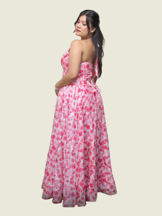 Weddings at Desino Dulce Custom Floral Pink Halter Maxi Dress