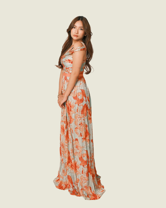 BCBG MAXAZRIA Inga Print Silk Chiffon Gown in Turquoise & Coral