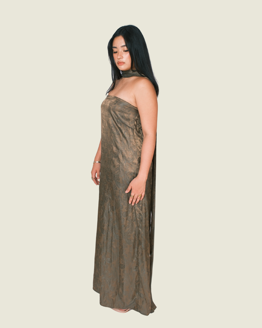 Bespoke Green Paisley Dress With Neck Scarf