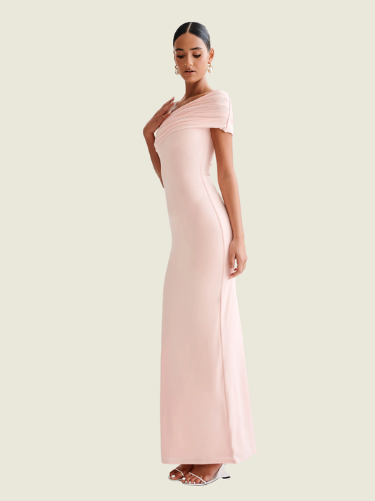 Cassandra Off the Shoulder Slinky Maxi Dress Light Pink in XS