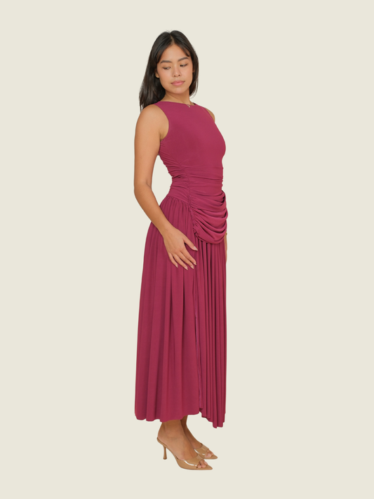 Custom Ruched Asymmetric Waist Gown in Plum