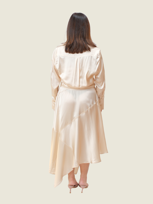 JW Anderson Boat Neck Satin Dress in Beige