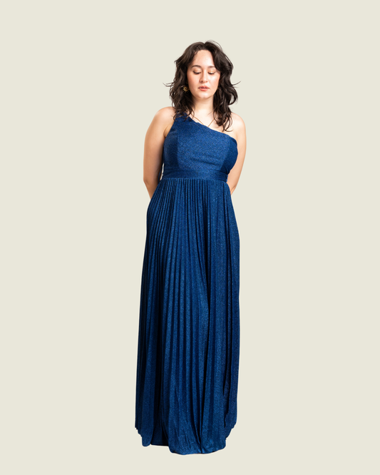 Maniju Navy One Shoulder Pleated Gown