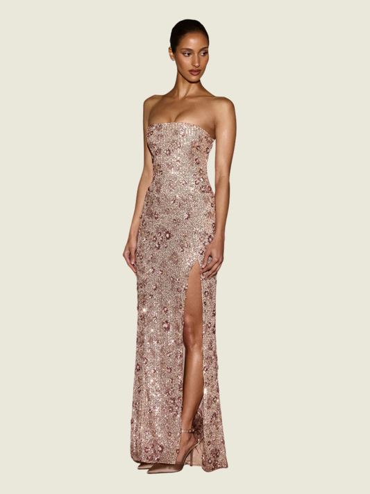 Oh Polly Embellished Bandeau-Neck Strapless Gown