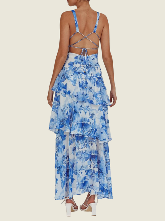 Saints and Secrets Cally Layer Maxi Blue Floral Dress in S