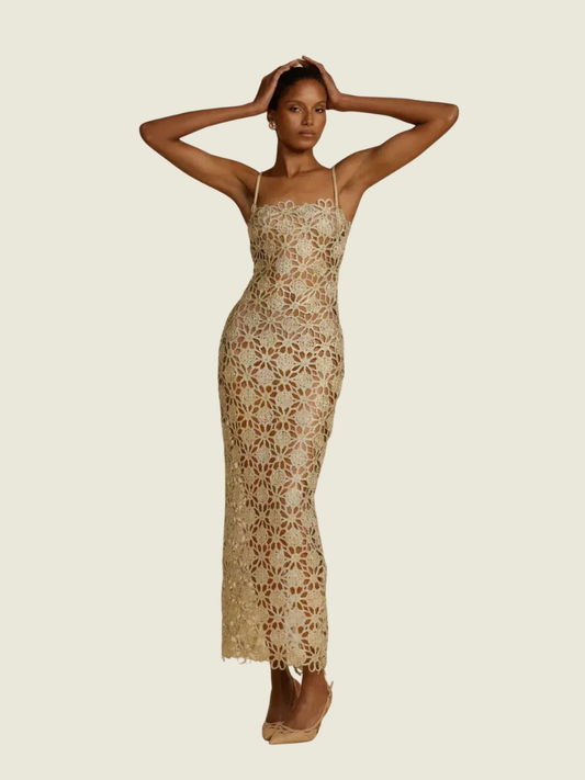 Arcina Ori Kendra Gold Lace Midi Dress