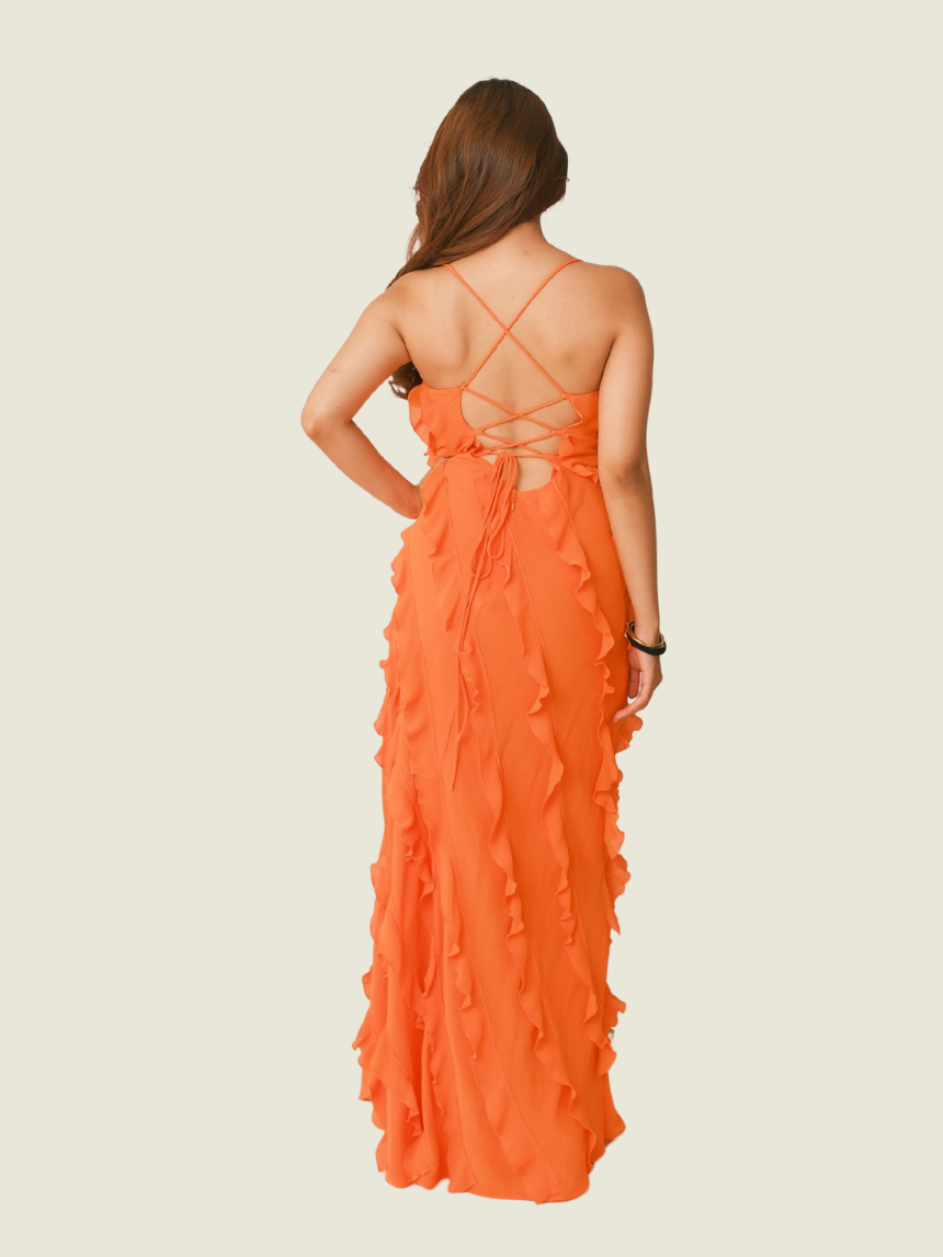STAUD Orange Maxi Ruffle Dress