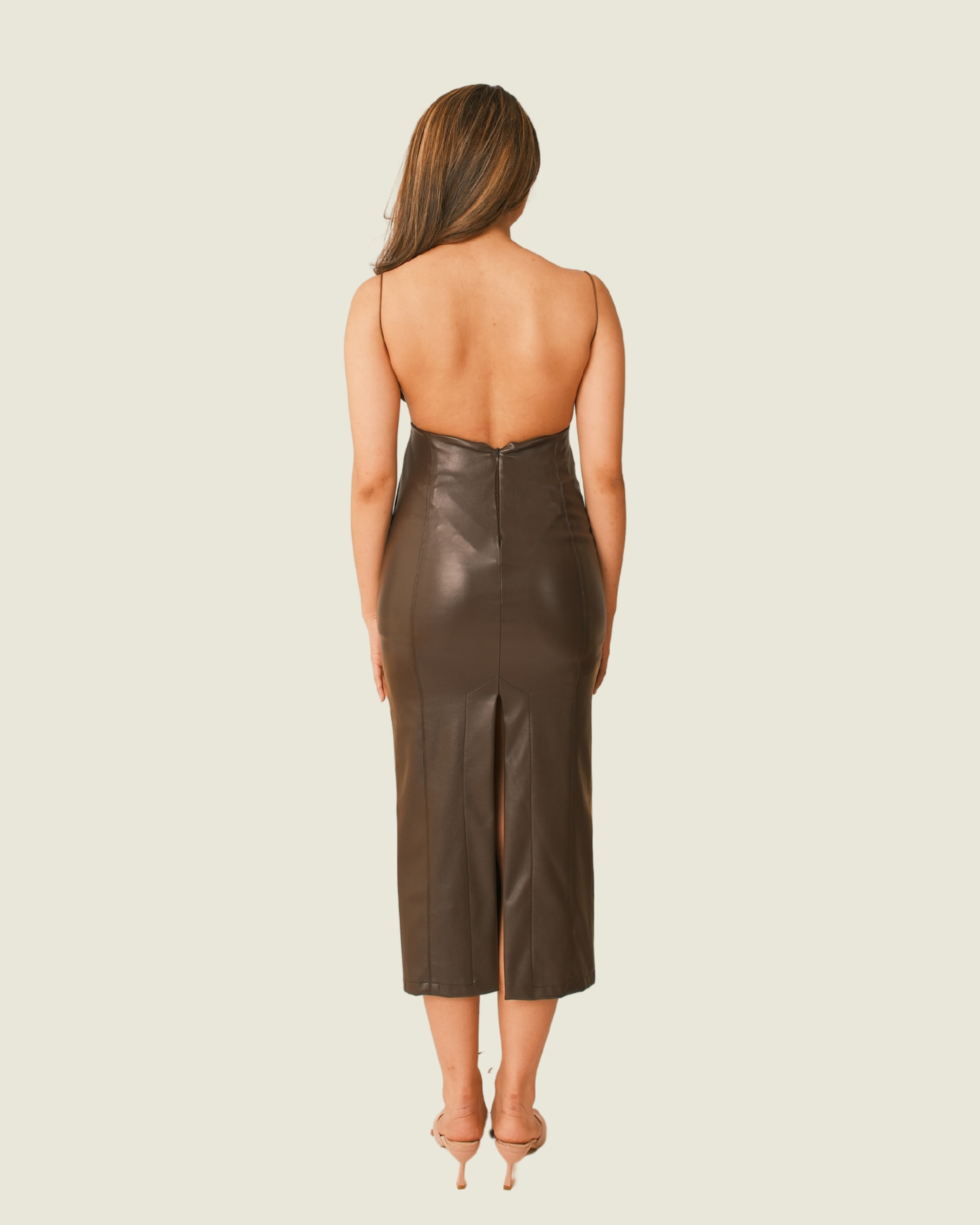 AIZEL Brown Leather Midi Dress