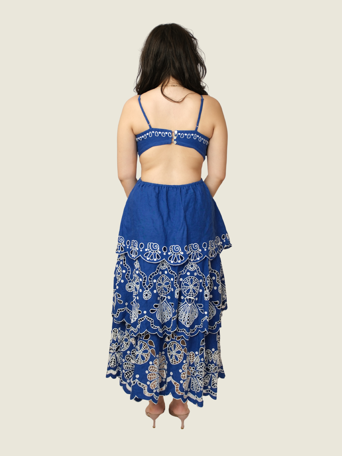 Farm Rio Blue Flower Richelieu Linen Midi Dress