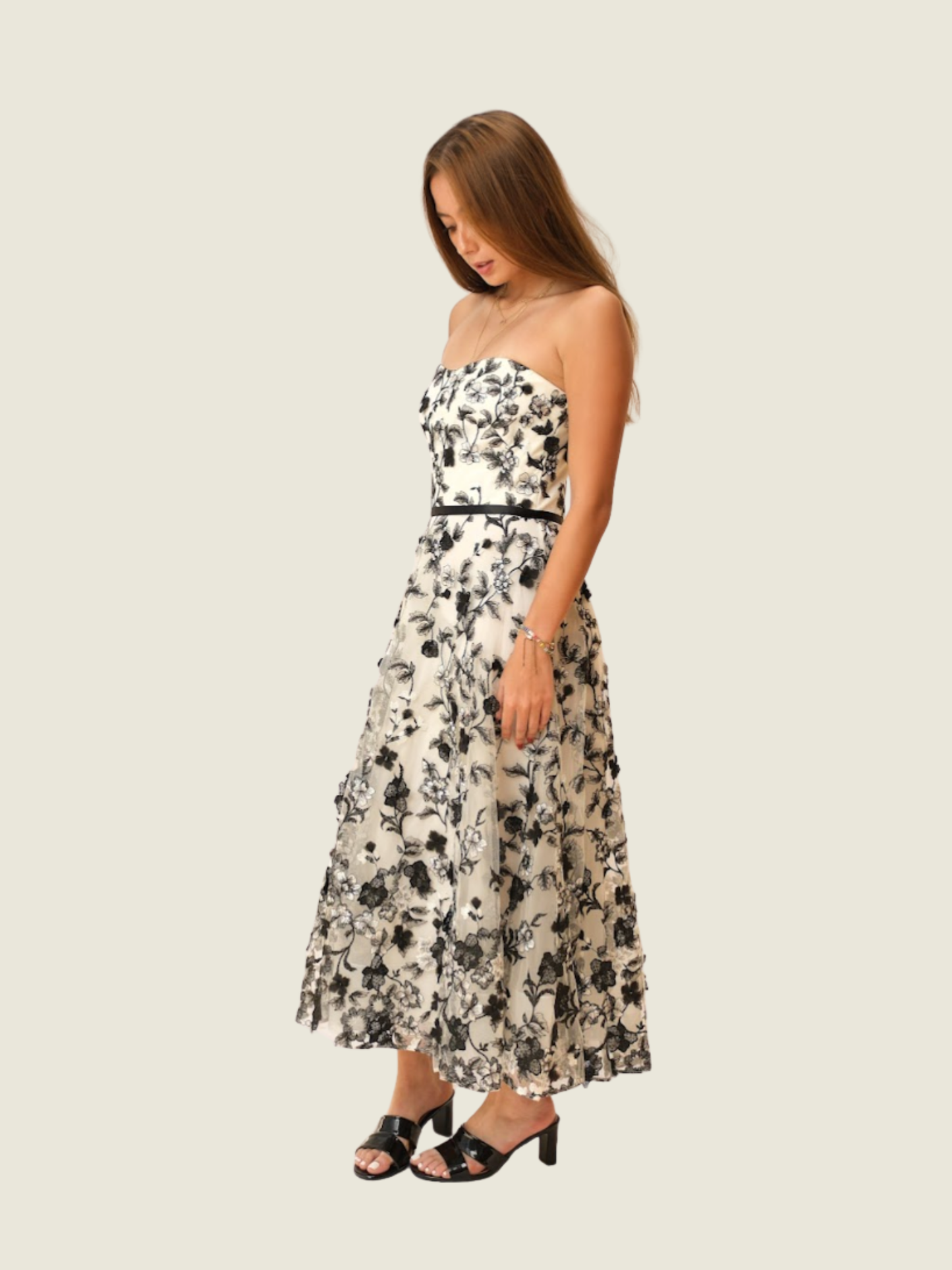 Marschessa Notta White Midi Dress with Black Floral details