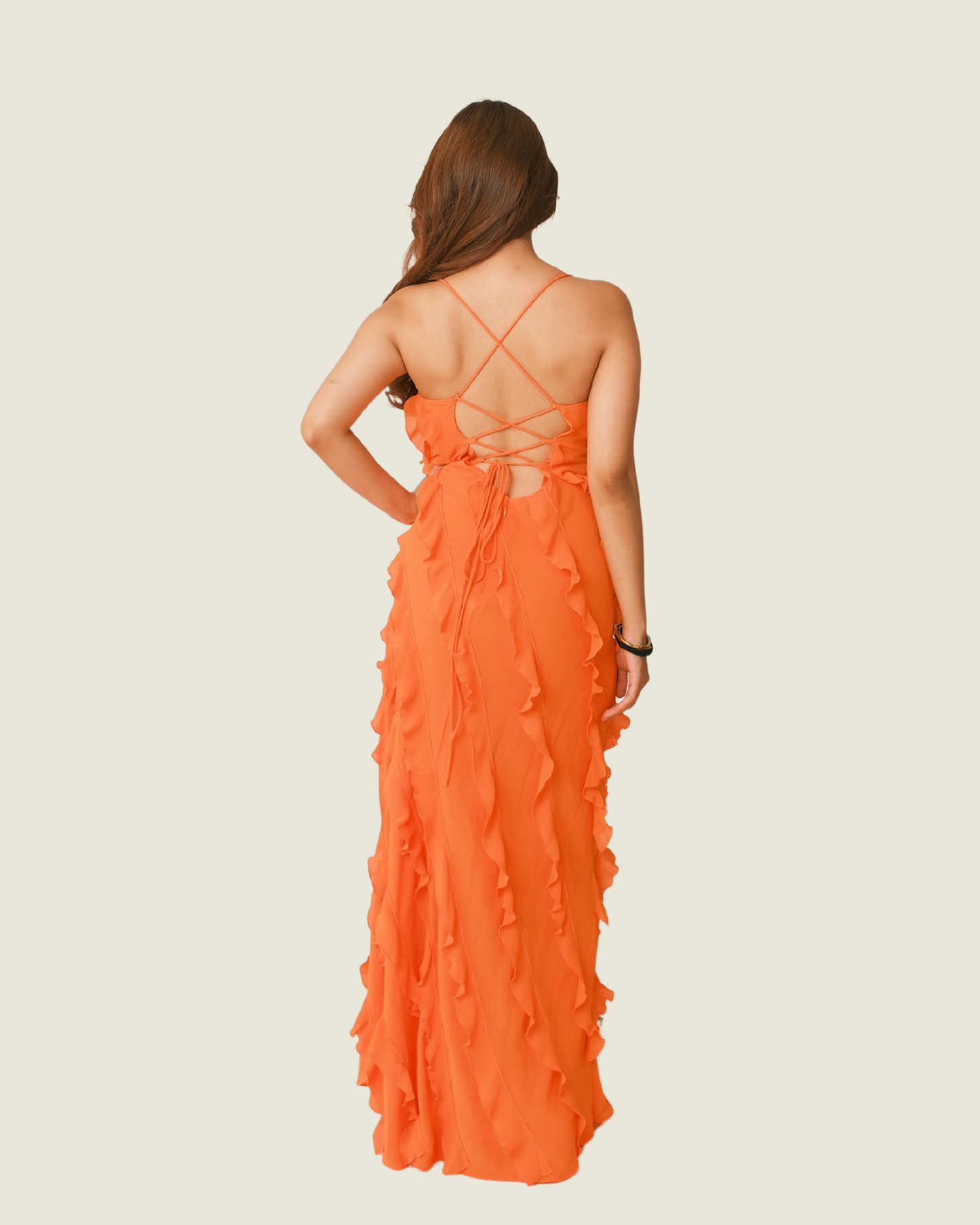STAUD Orange Maxi Ruffle Dress