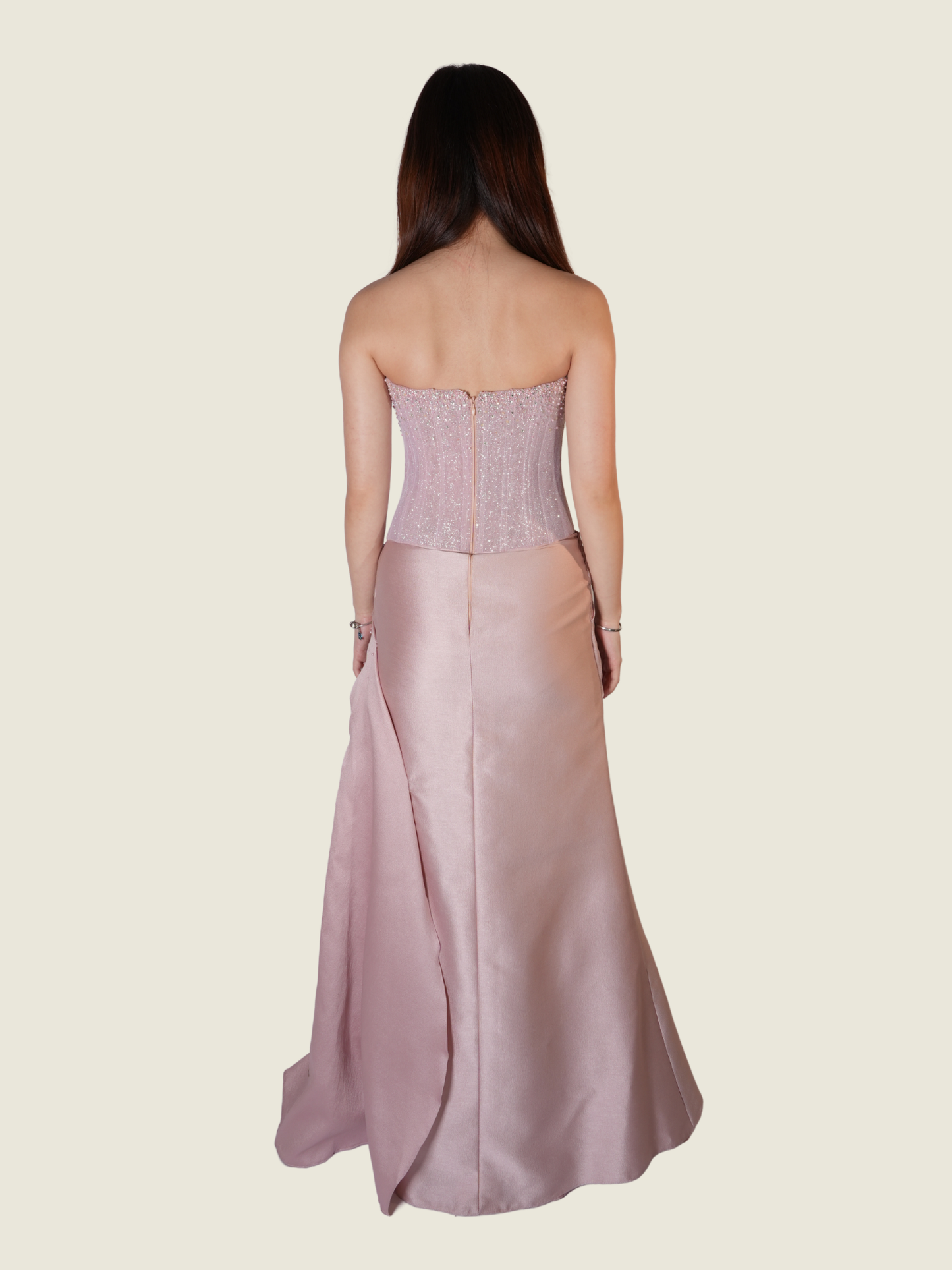 Weareasy Blush Strapless Embellished Evening Gown with Slit