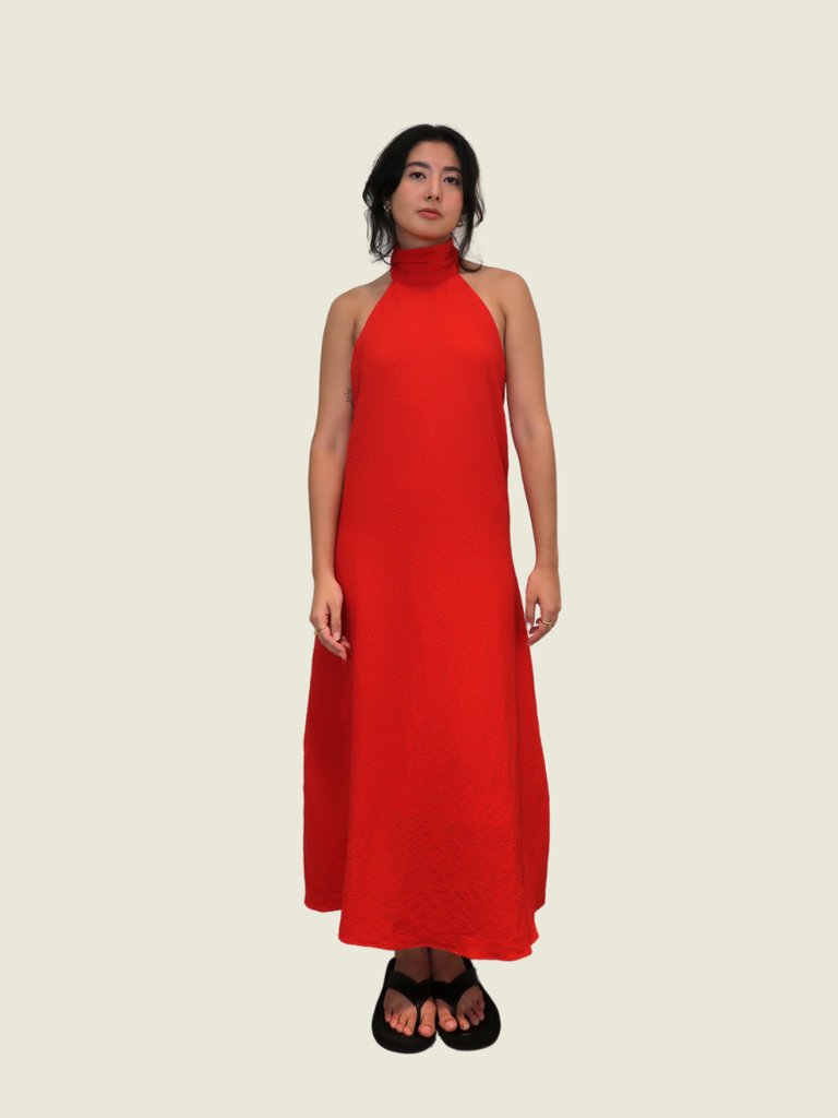Red Linen Halter Dress