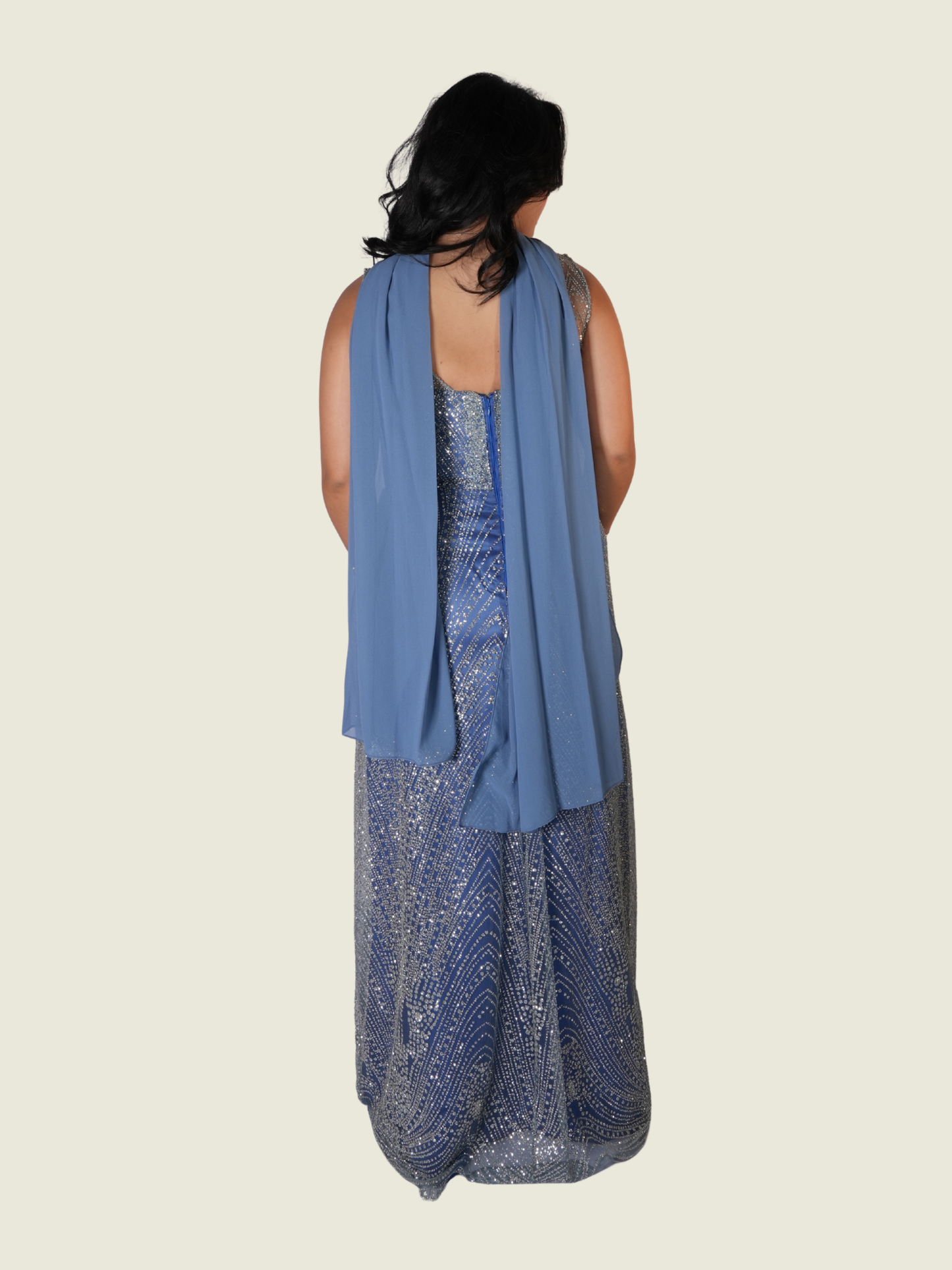Debbie Co Blue Beaded Gown with Scarf (M)