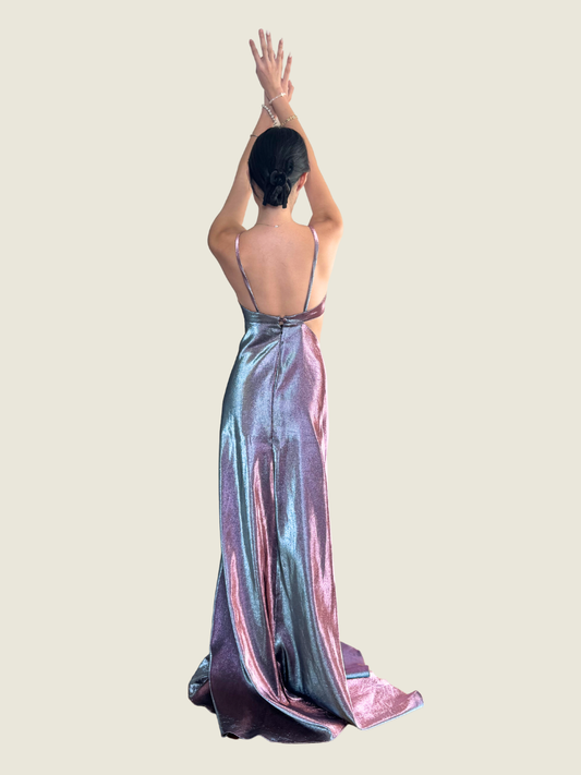 Rajo Laurel Metallic Asymmetrical Gown