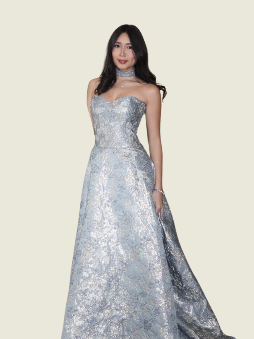 Rajo Laurel Blue Brocade Custom Gown