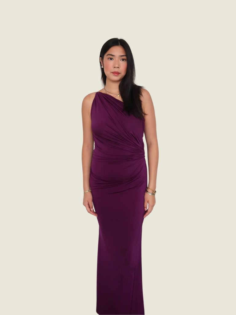 Custom Purple Drape Asymmetrical Maxi Dress