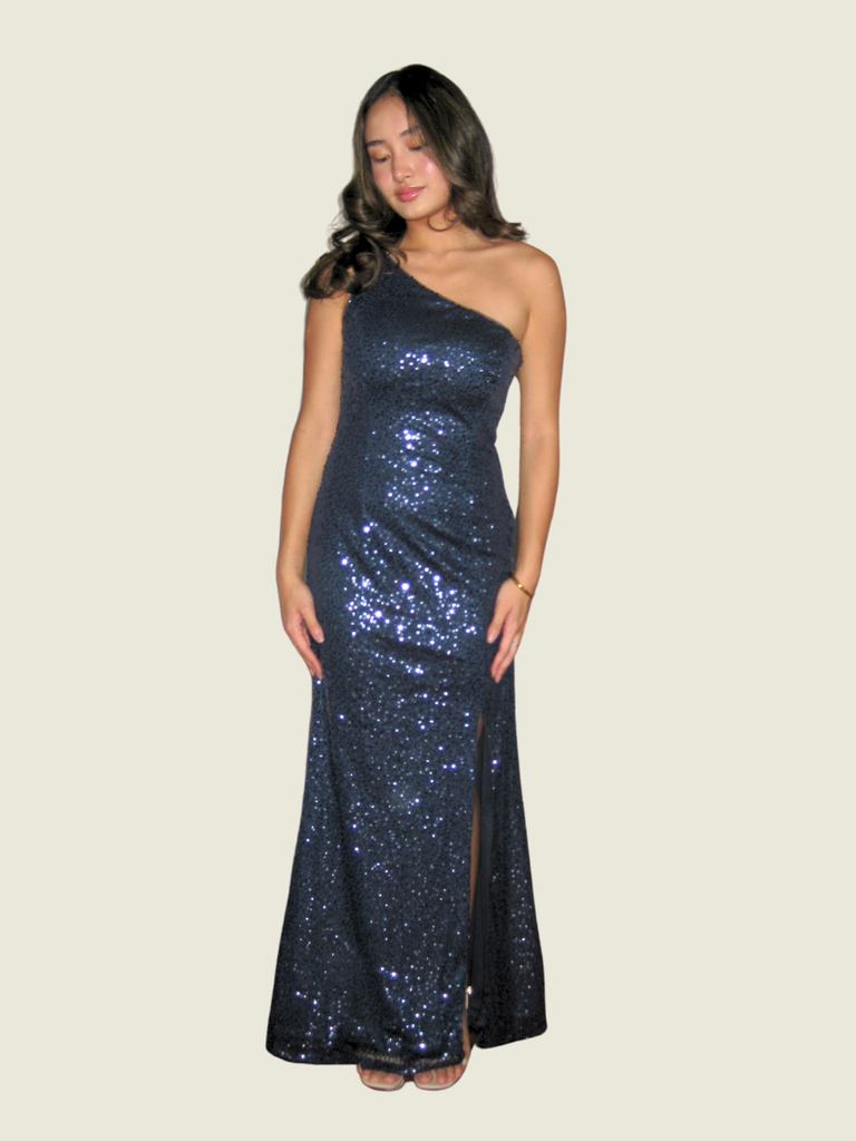 Adrianna Papell Navy Blue Sequin Gown