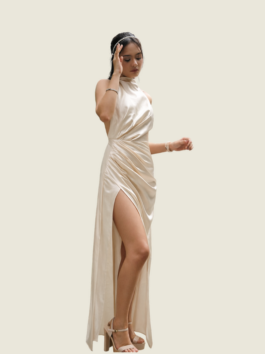 Apogee Anais Champagne Halter Maxi Dress