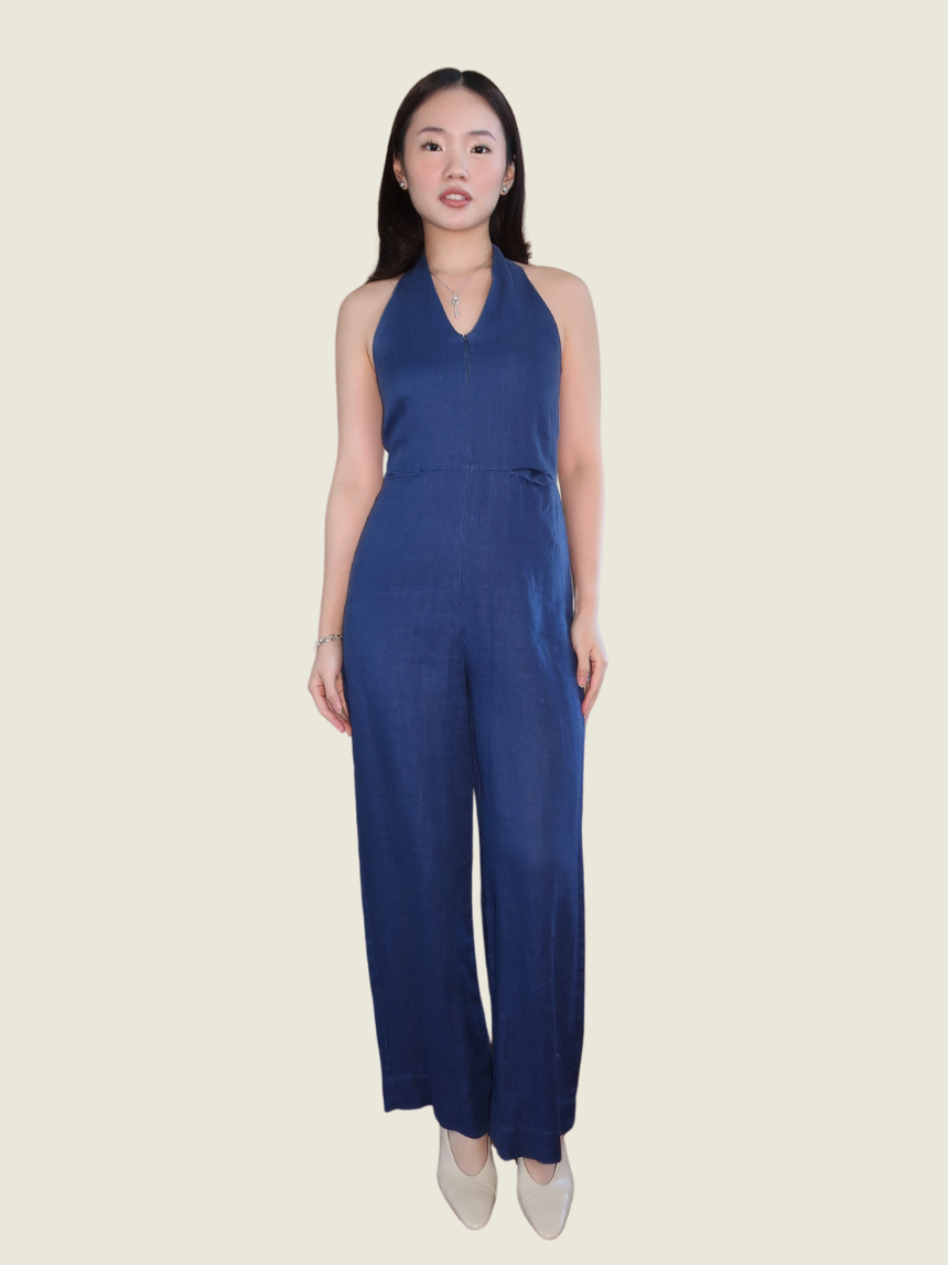 Araw the Line Blue Linen Halter Jumpsuit