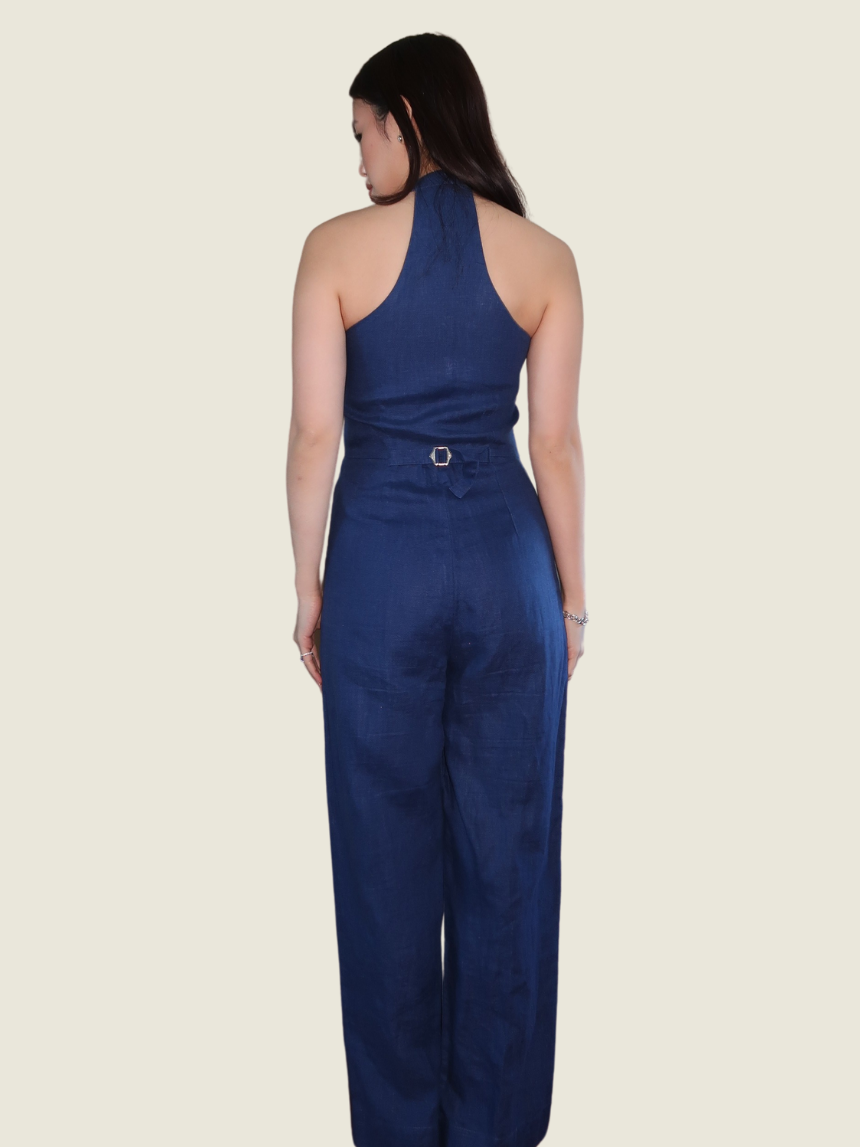 Araw the Line Blue Linen Halter Jumpsuit