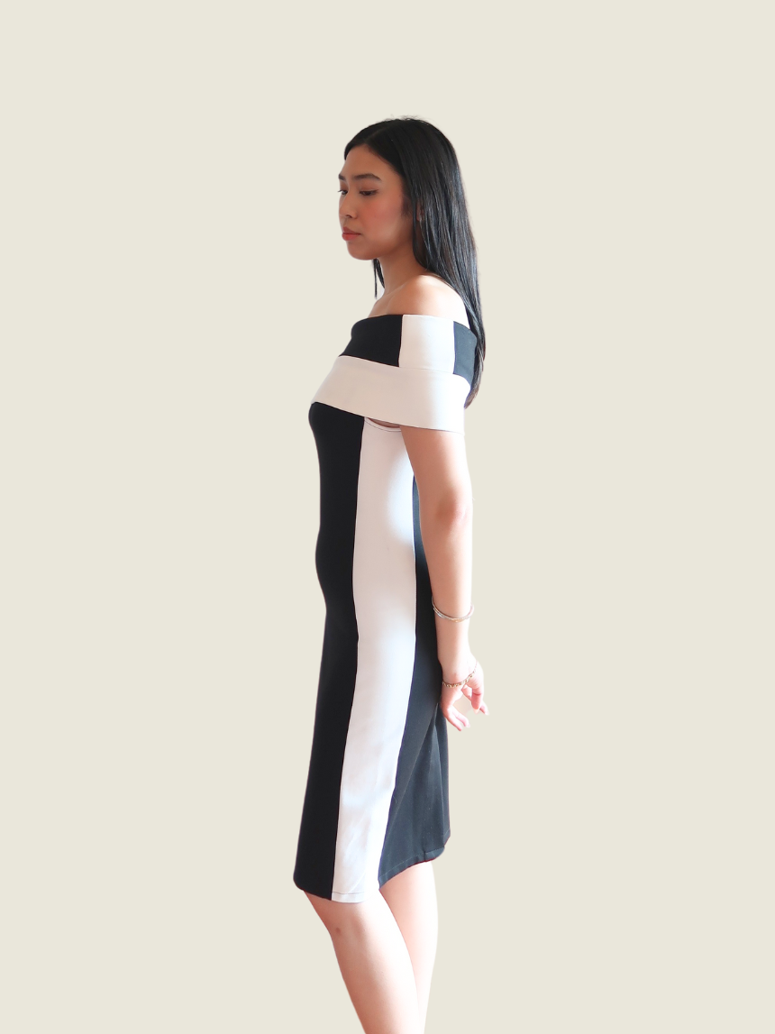 Balmain Black and White Off Shoulder Dress