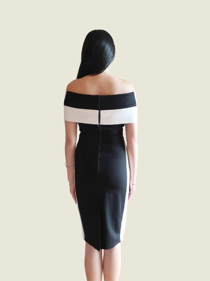 Balmain Black and White Off Shoulder Dress