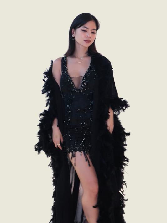 Black Showgirl Mini Dress with Feather Boa and Robe