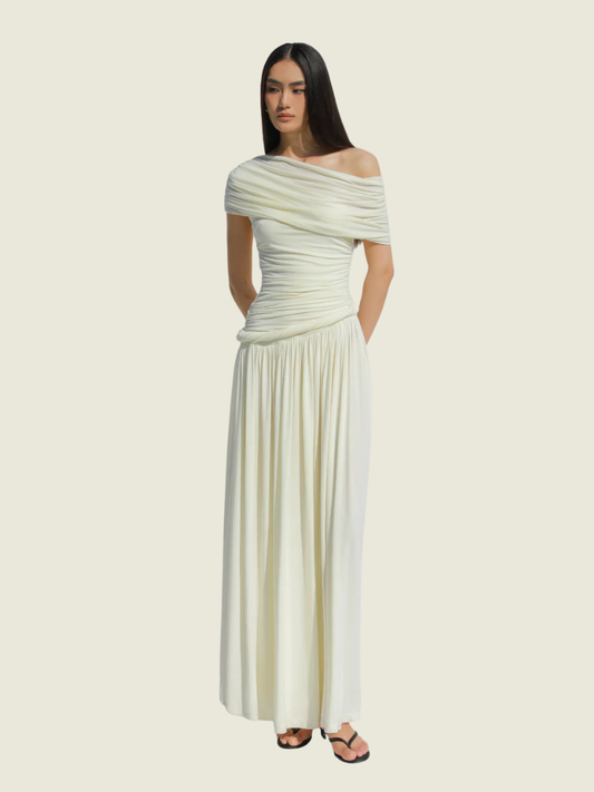 COCOSIN Ivory Off Shoulder Draped Maxi